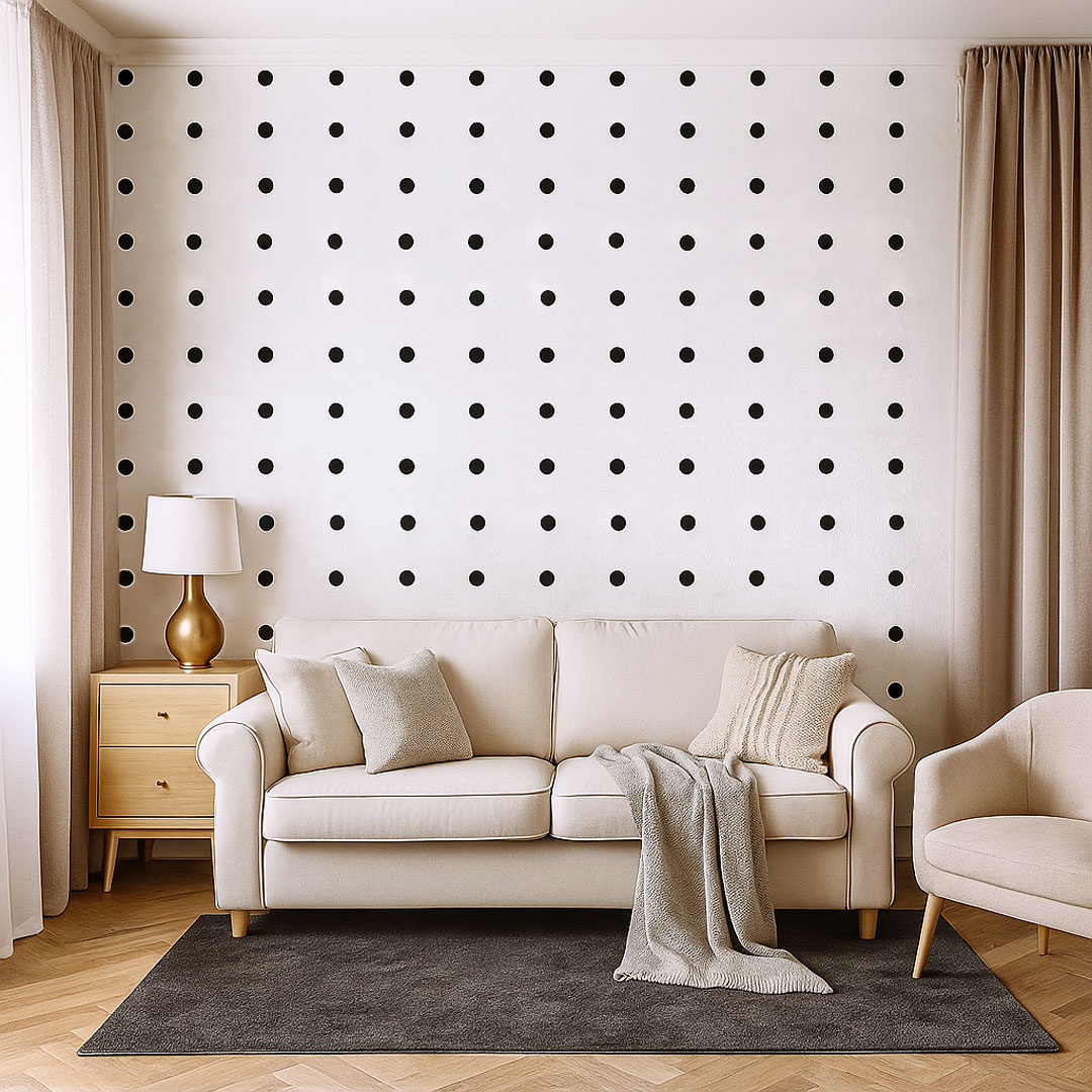 Bodkovaná tapeta v bielo čiernej farbe, bodky, polka dot 5 cm - štvorcové uloženie - Dekoori obrázok 2