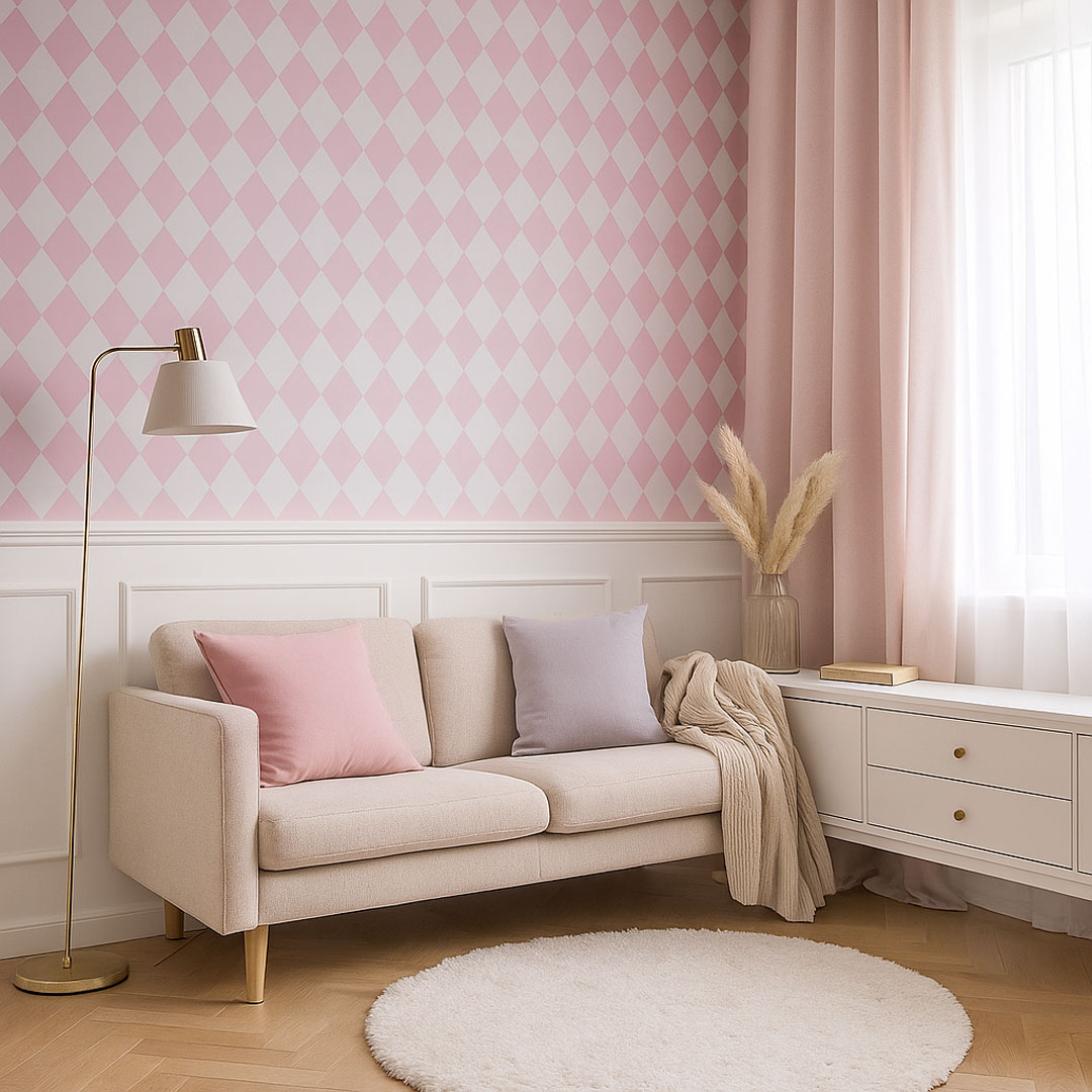 Tapeta s malými bielo-ružovými kosoštvorcami - Dekoori obrázok 2