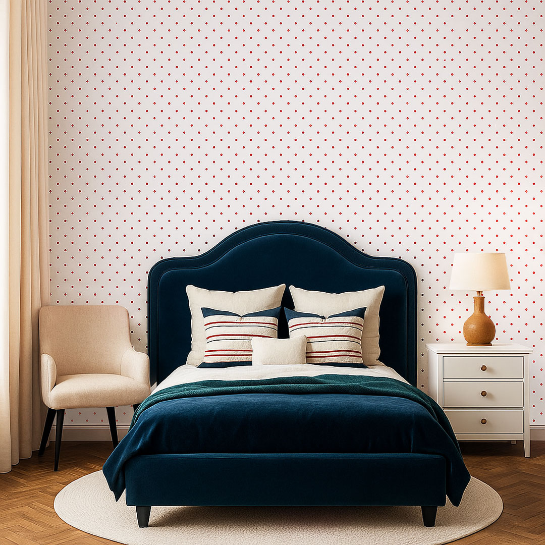Biela tapeta s malými, POLKA DOT, červenými bodkami 2 cm - Dekoori obrázok 2