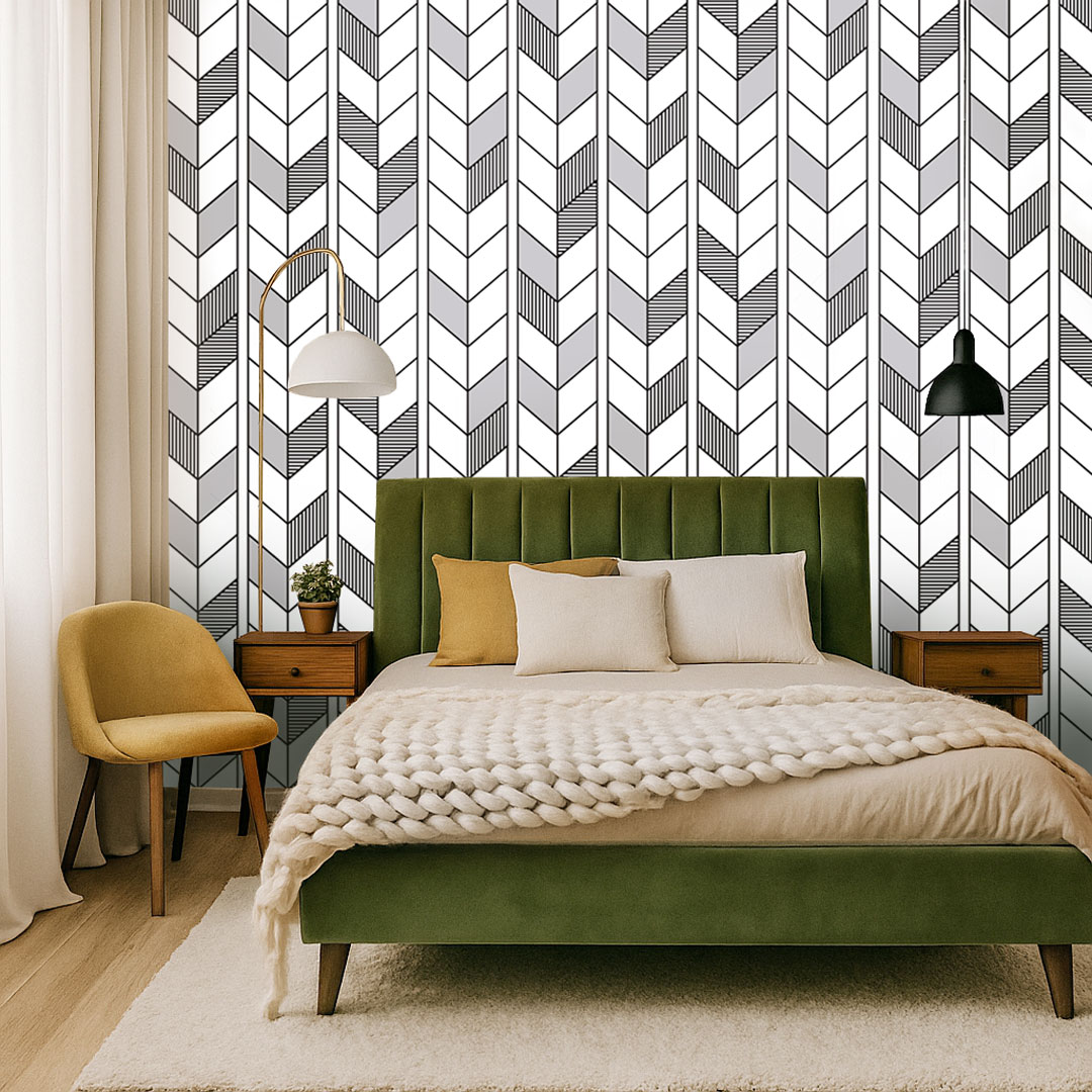 Dizajnová čierno-biela tapeta so vzorom RYBIA KOSŤ, HERRINGBONE, kontúry, obrysy v štýle BOHO - Dekoori obrázok 2