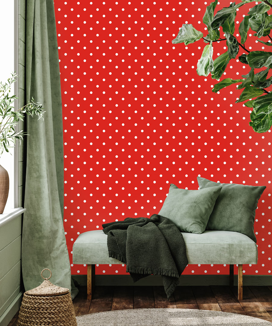 Červená tapeta s malými, POLKA DOT, bielymi bodkami 2 cm - Dekoori obrázok 2