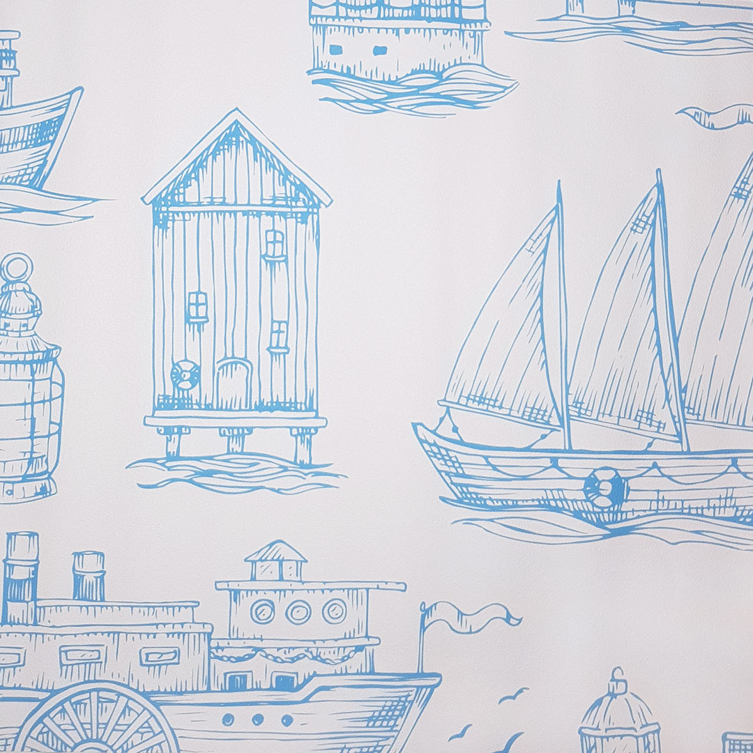 Svetlá tapeta s morským, námorníckym motívom, majáky a lode, biela a modrá - Dekoori obrázok 3