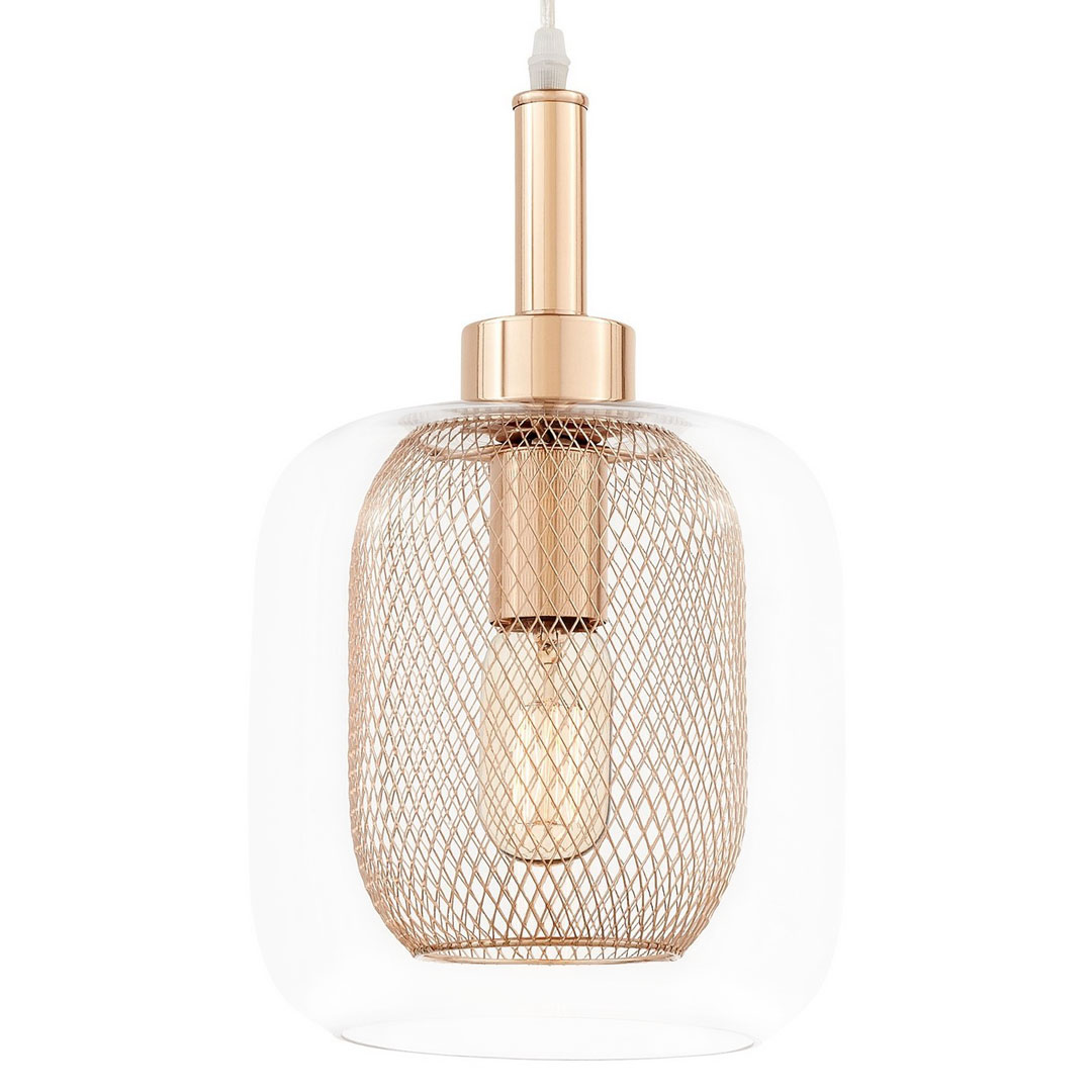 Módna loftová závesná lampa, svietidlo na zvise, BESSA GOLD, kovová sieťka, priehľadné sklo - Lumina Deco obrázok 1