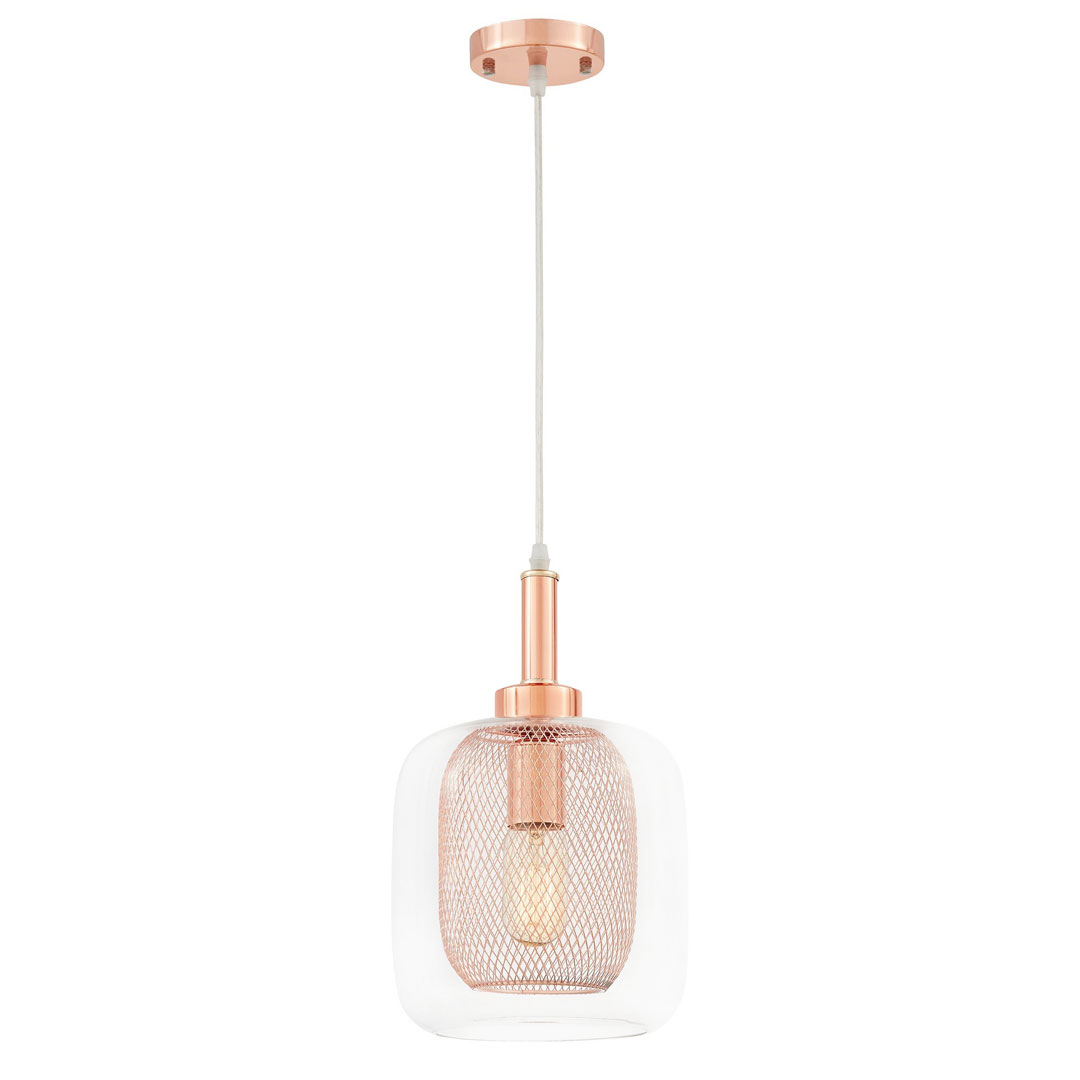 Trendová moderná závesná lampa, svietidlo na zvise, BESSA MEĎ / RUŽOVÉ ZLATO, kovová sieťka, priehľadné sklo - Lumina Deco obrázok 3