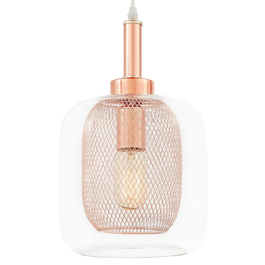 Trendová moderná závesná lampa, svietidlo na zvise, BESSA MEĎ / RUŽOVÉ ZLATO, kovová sieťka, priehľadné sklo - Lumina Deco obrázok 1