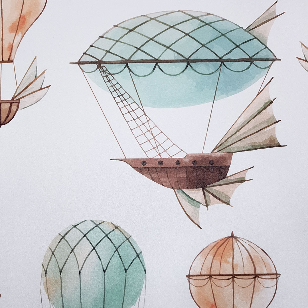 Biela tapeta s balónmi pre deti: lietajúce stroje a vzducholode priamo z rozprávky - Dekoori obrázok 3