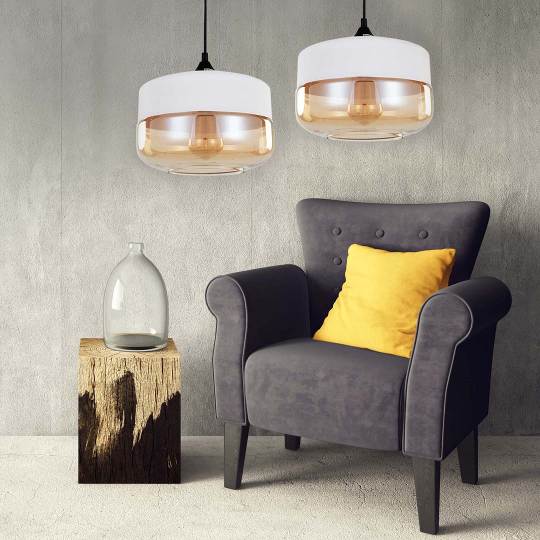 Biela závesná lampa BARLET, biely kov, jantárové sklo, škandinávsky loftový štýl - Lumina Deco obrázok 2