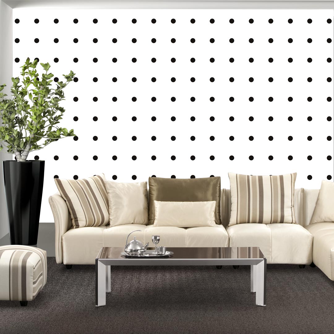 Bodkovaná tapeta v bielo čiernej farbe, bodky, polka dot 5 cm - štvorcové uloženie - Dekoori obrázok 2