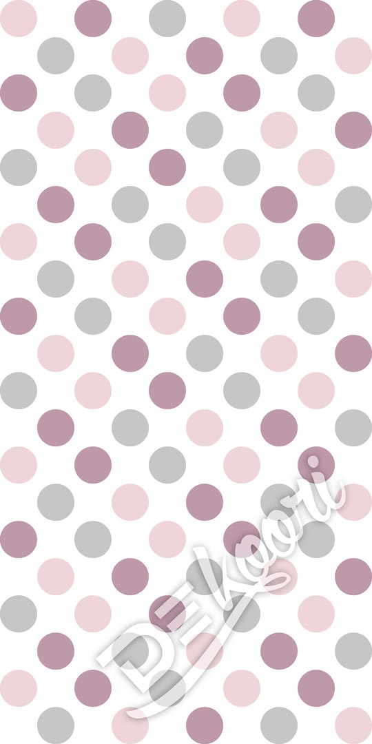Biela bodkovaná tapeta s fialovými, ružovými a sivými bodkami, kruhmi o priemere 10 cm - Dekoori obrázok 3