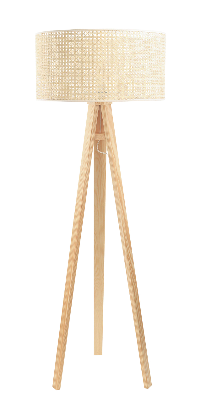 Stojacia lampa ROTANG v boho štýle s prírodným ratanovým tienidlom v tvare valca na trojnožke - BPS Koncept obrázok 1