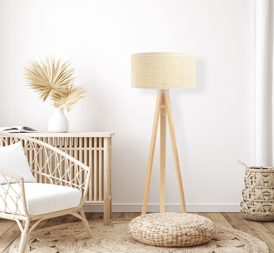 Stojacia lampa ROTANG v boho štýle s prírodným ratanovým tienidlom v tvare valca na trojnožke - BPS Koncept obrázok 2