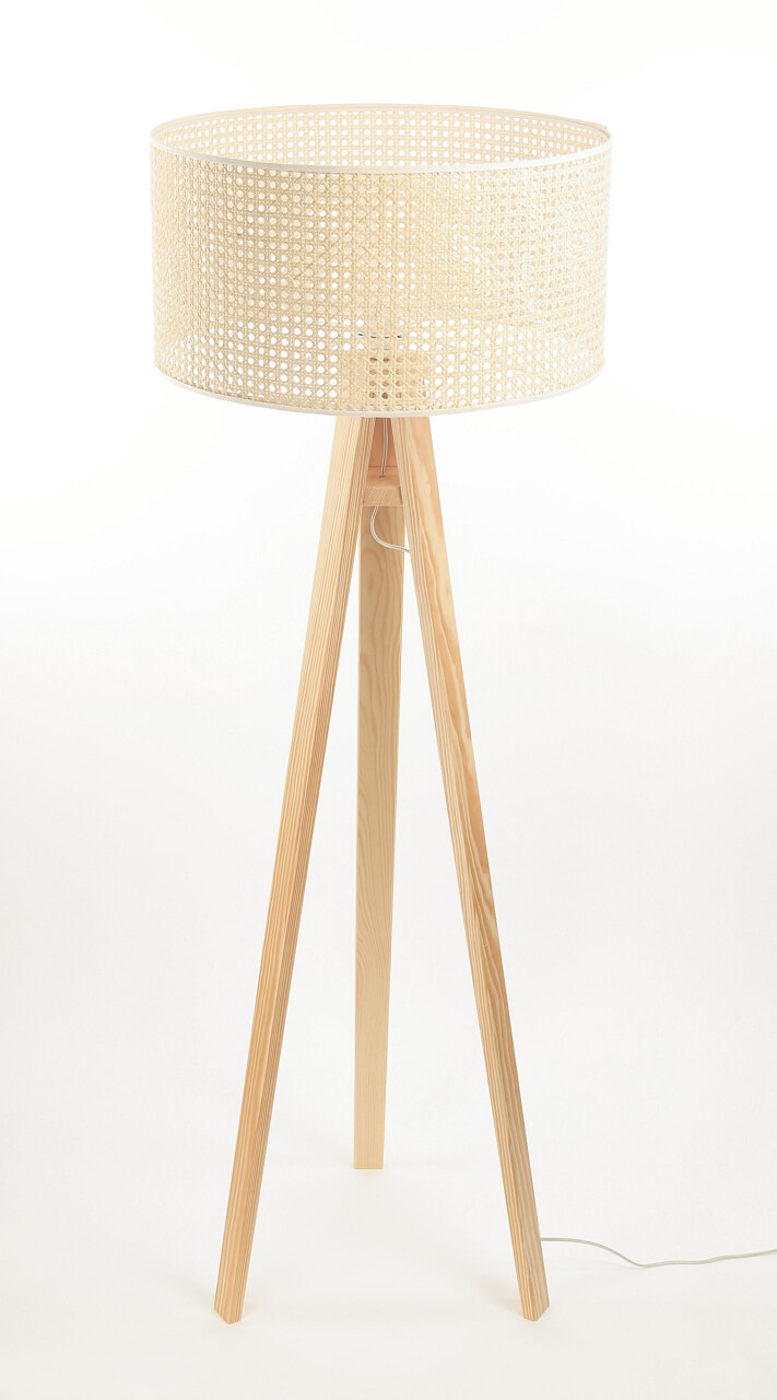 Stojacia lampa ROTANG v boho štýle s prírodným ratanovým tienidlom v tvare valca na trojnožke - BPS Koncept obrázok 4