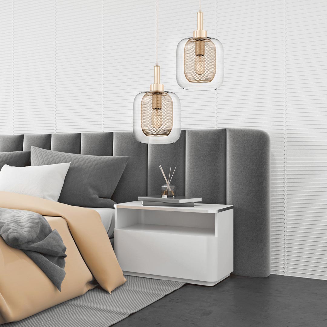 Módna loftová závesná lampa, svietidlo na zvise, BESSA GOLD, kovová sieťka, priehľadné sklo - Lumina Deco obrázok 2