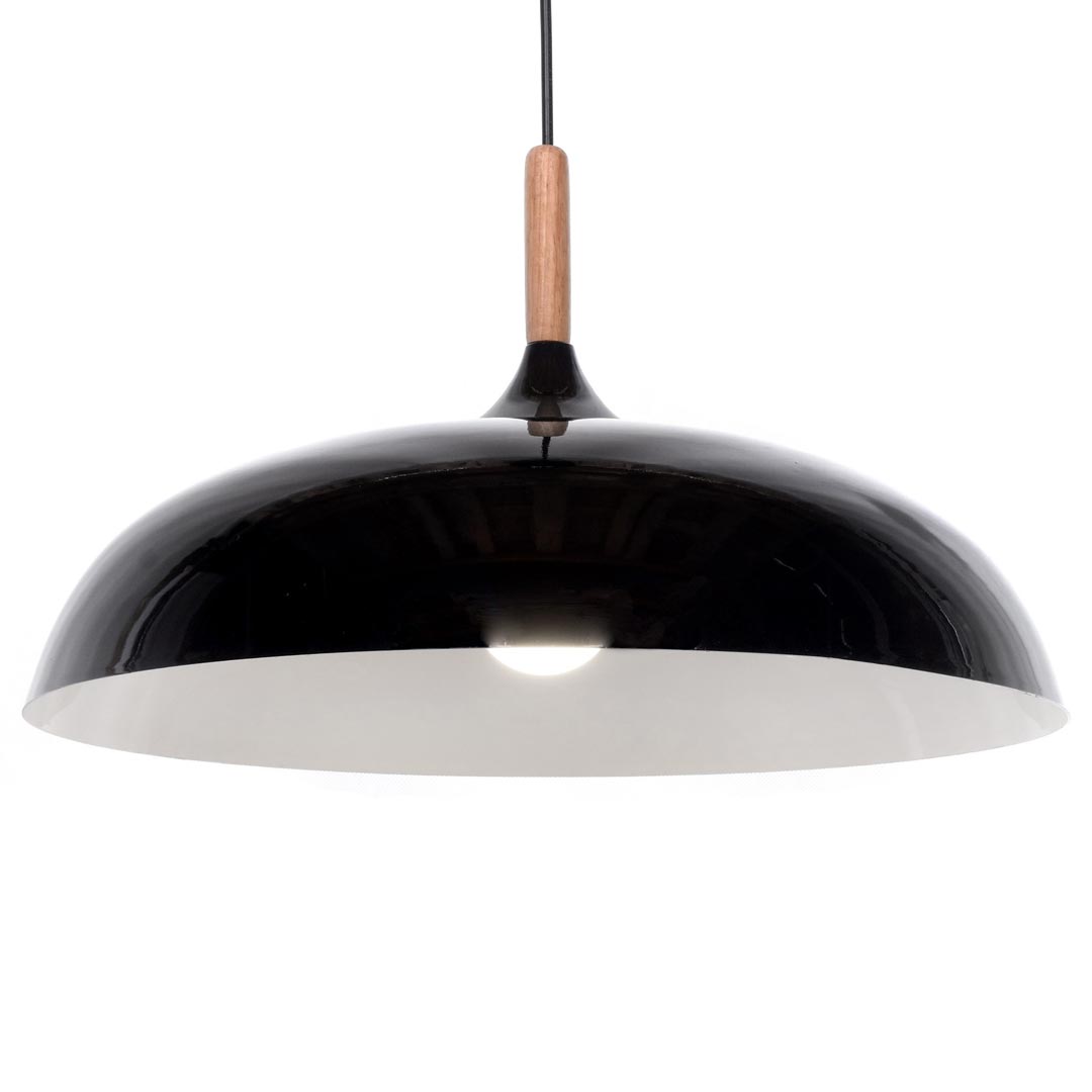 Čierna moderná závesná lampa VERSI škandinávskeho štýlu, široké tienidlo, kov a drevo - Lumina Deco obrázok 1