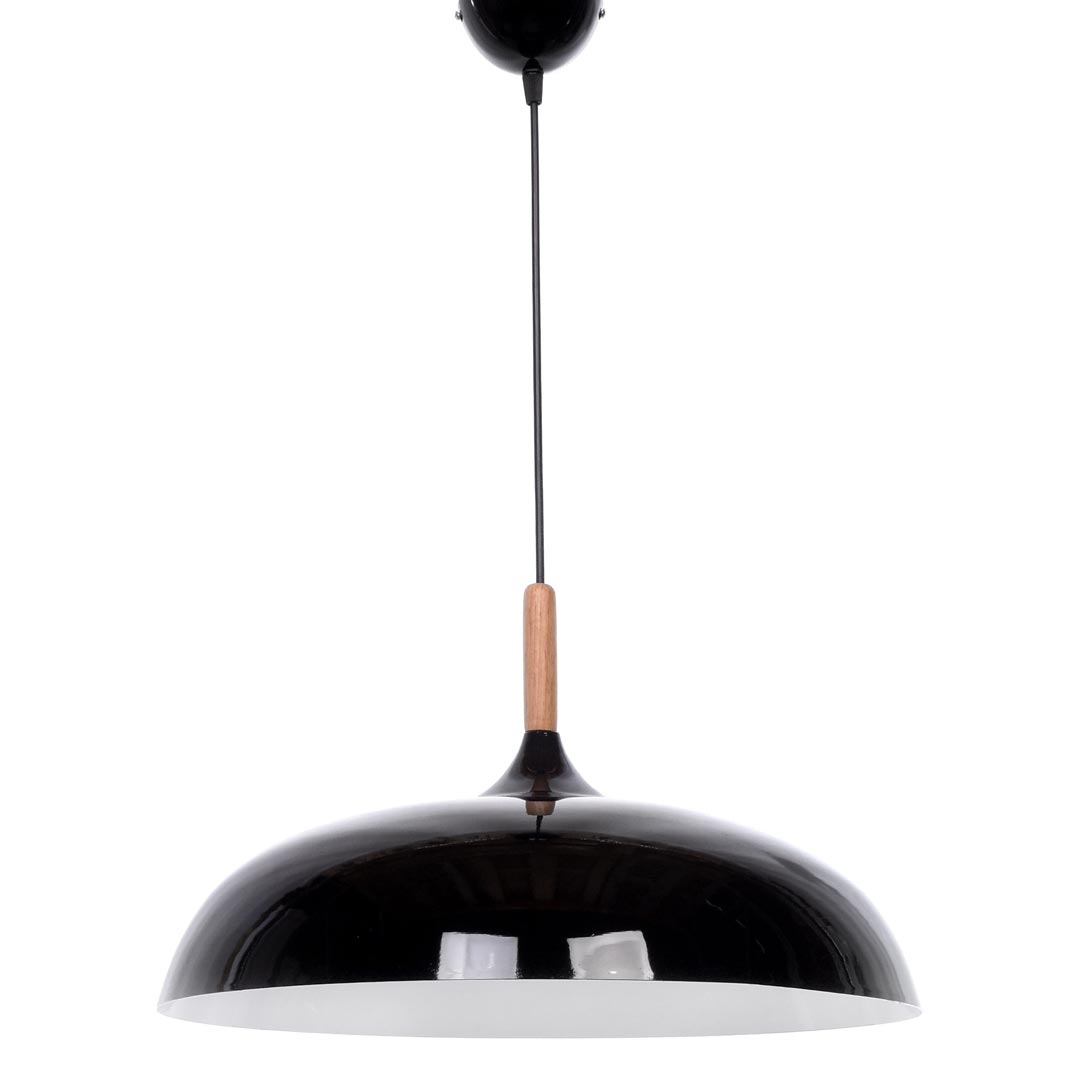 Čierna moderná závesná lampa VERSI škandinávskeho štýlu, široké tienidlo, kov a drevo - Lumina Deco obrázok 3