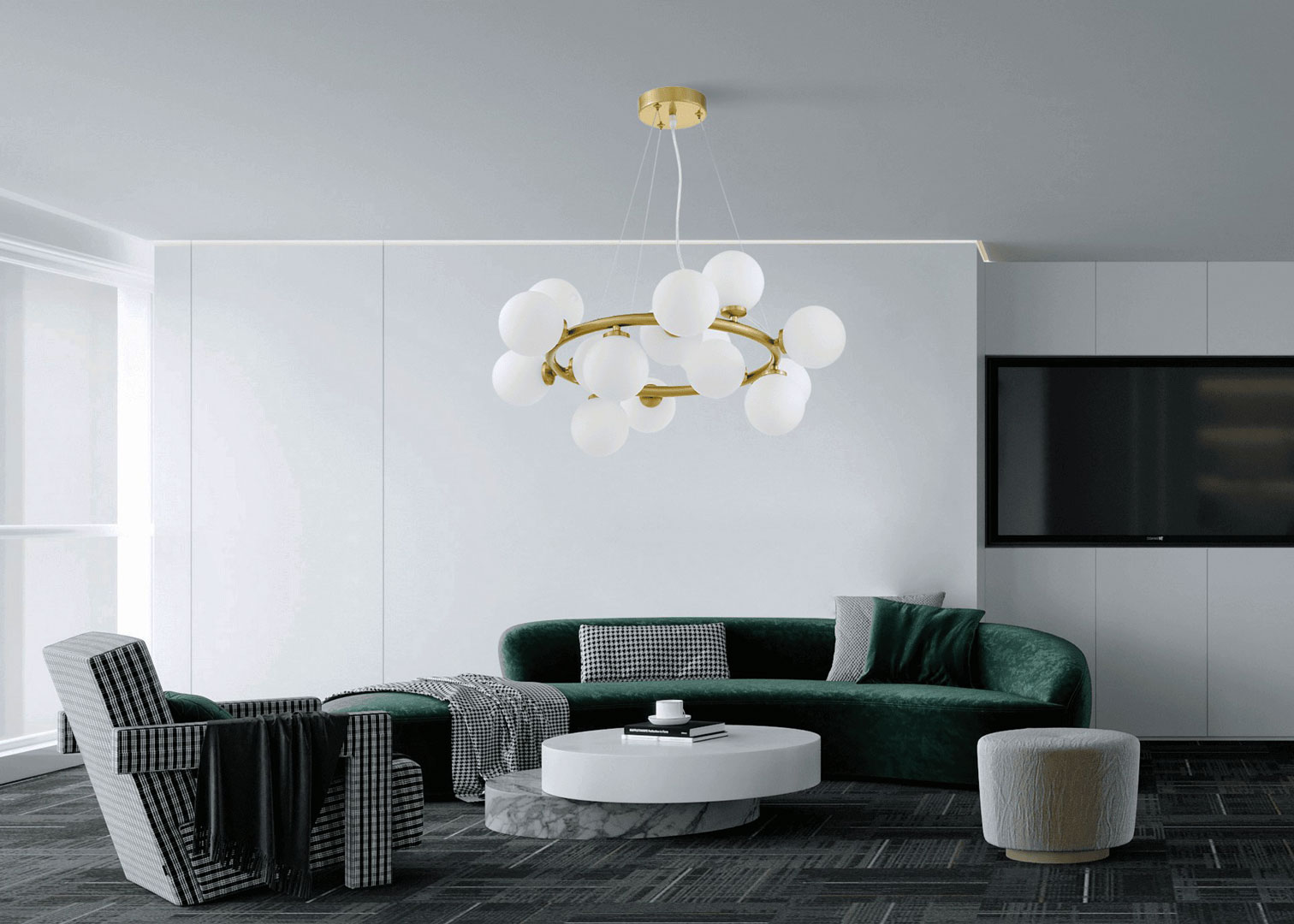 Viacbodová závesná lampa MARSIADA vo farbe mosadze, moderné biele guľové tienidlá - Lumina Deco obrázok 2