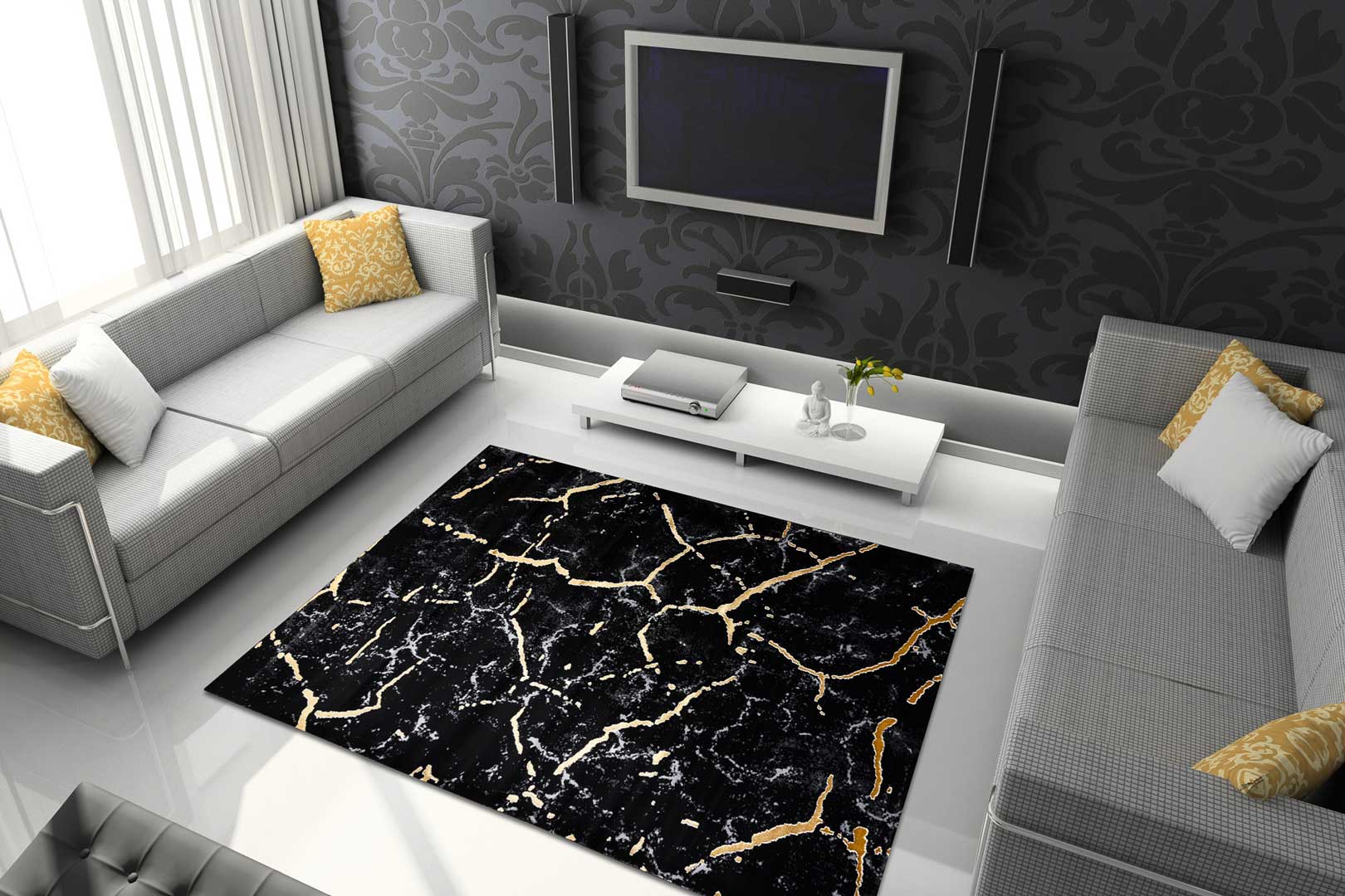 Kameň imitujúci syntetický koberec Mramor, glamour, čiernej farby so zlatými puklinami - Dywany Łuszczów obrázok 4