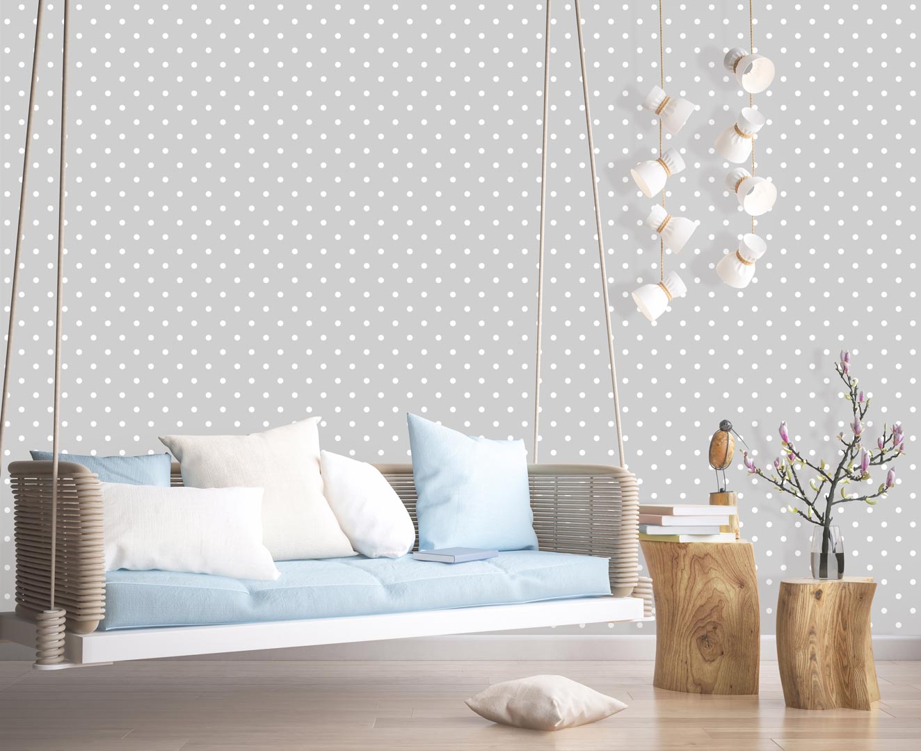 Sivá tapeta s malými bielymi bodkami, polka dot 2 cm - Dekoori obrázok 2