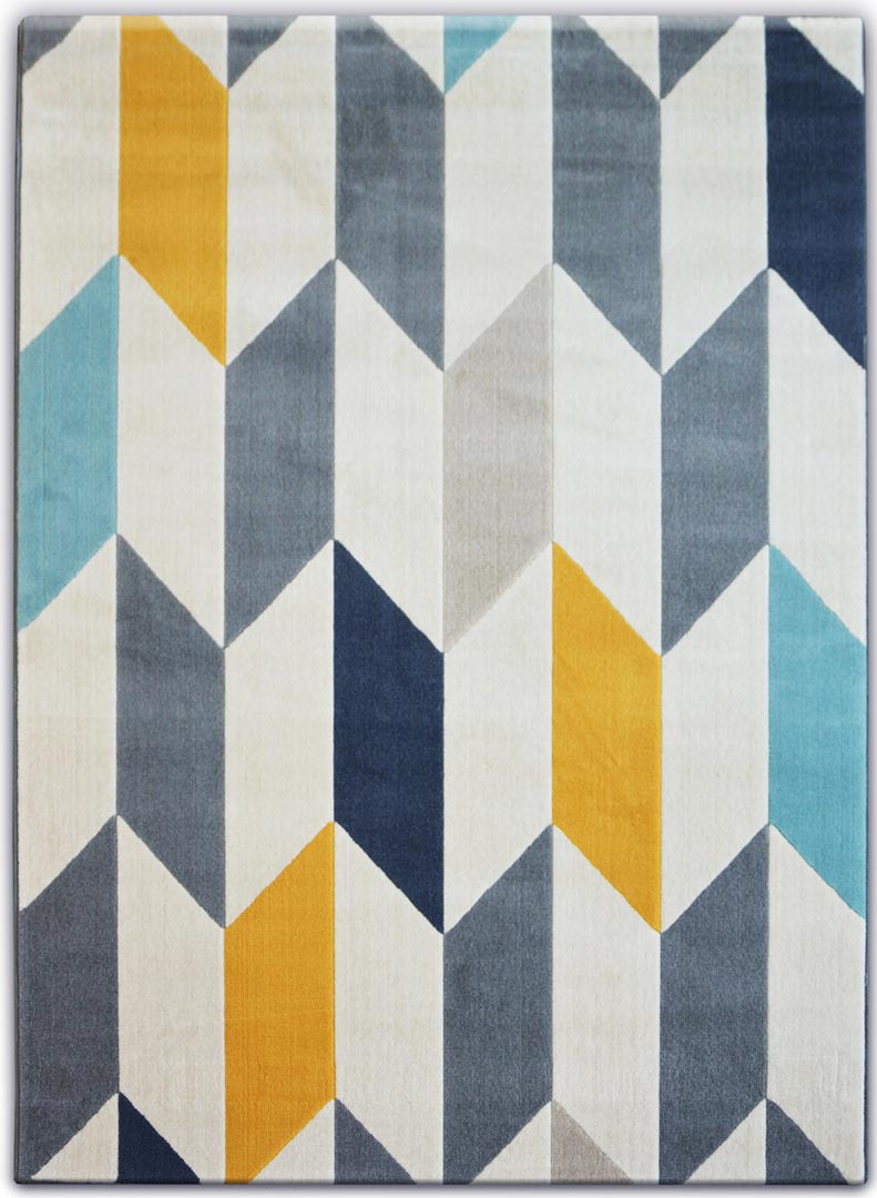Mládežnícky koberec so žltými, sivými, modrými a krémovými kosoštvorcami, moderný, geometrický vzor rybia kosť - Dywany Łuszczów obrázok 1