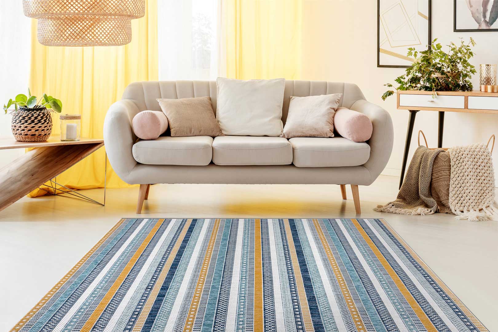 Žlto-modrý pruhovaný koberec, šnúrkový, boho, etno, škandinávsky - Dywany Łuszczów obrázok 4