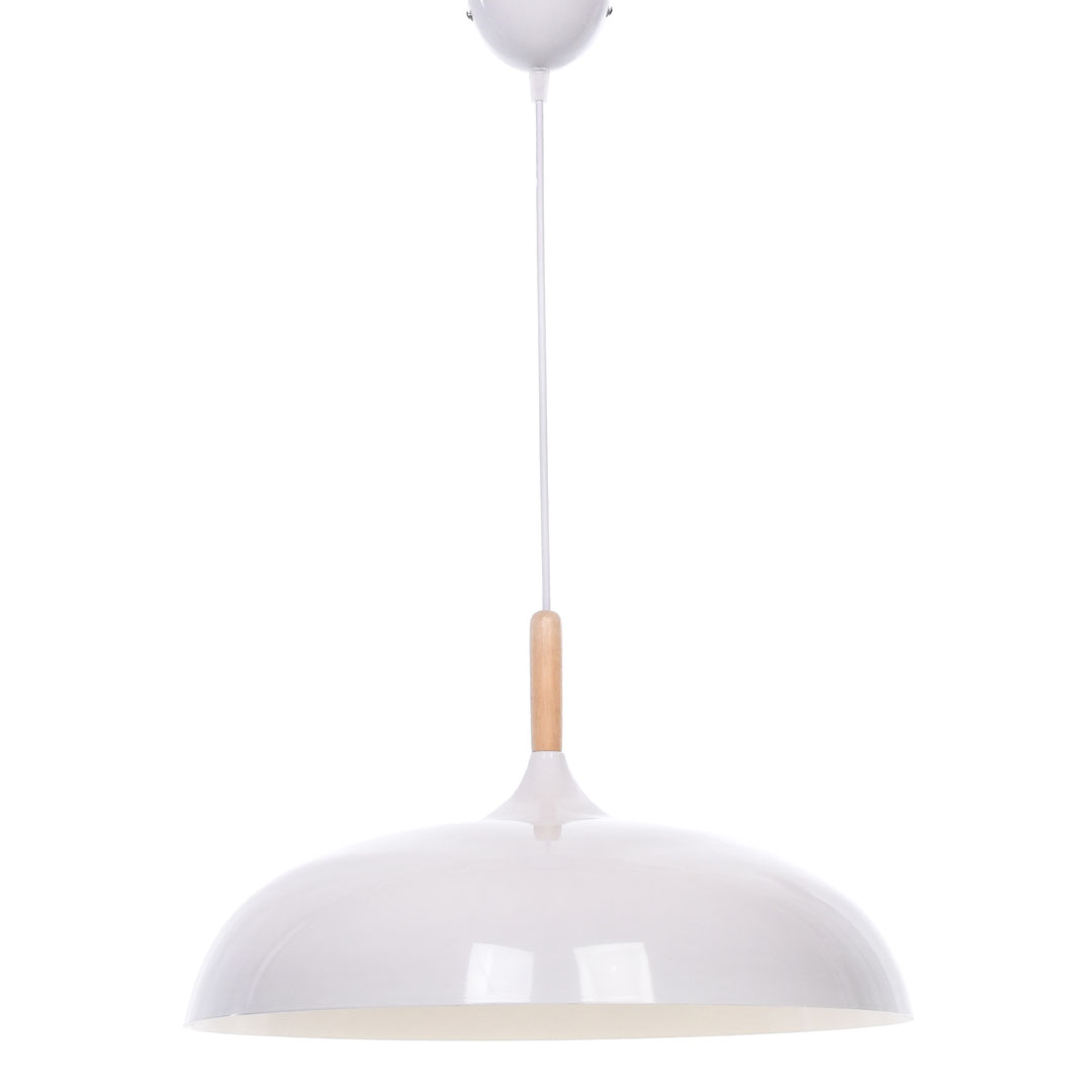 Biela moderná závesná lampa VERSI škandinávskeho štýlu, široké tienidlo, kov a drevo - Lumina Deco obrázok 3