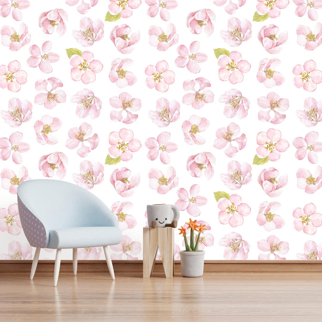 Kvetinová tapeta na stenu – jemné ružové kvety jablone