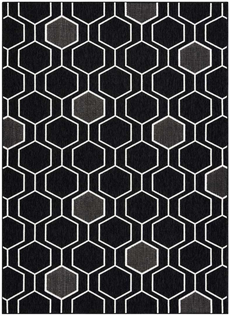Čierny šnúrkový a smyčkový koberec s bielym geometrickým vzorom šesťuholníkov, moderný dizajn do kancelárie - Dywany Łuszczów obrázok 1