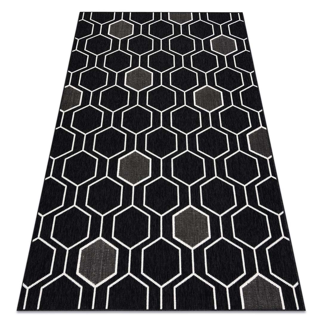 Čierny šnúrkový a smyčkový koberec s bielym geometrickým vzorom šesťuholníkov, moderný dizajn do kancelárie - Dywany Łuszczów obrázok 2
