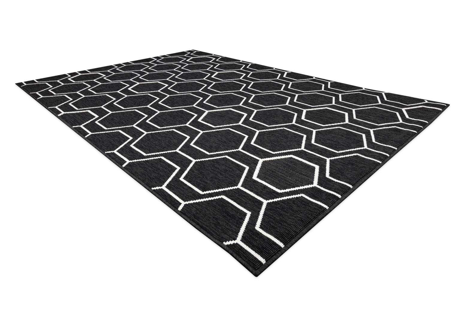 Čierny šnúrkový a smyčkový koberec s bielym geometrickým vzorom šesťuholníkov, moderný dizajn do kancelárie - Dywany Łuszczów obrázok 3