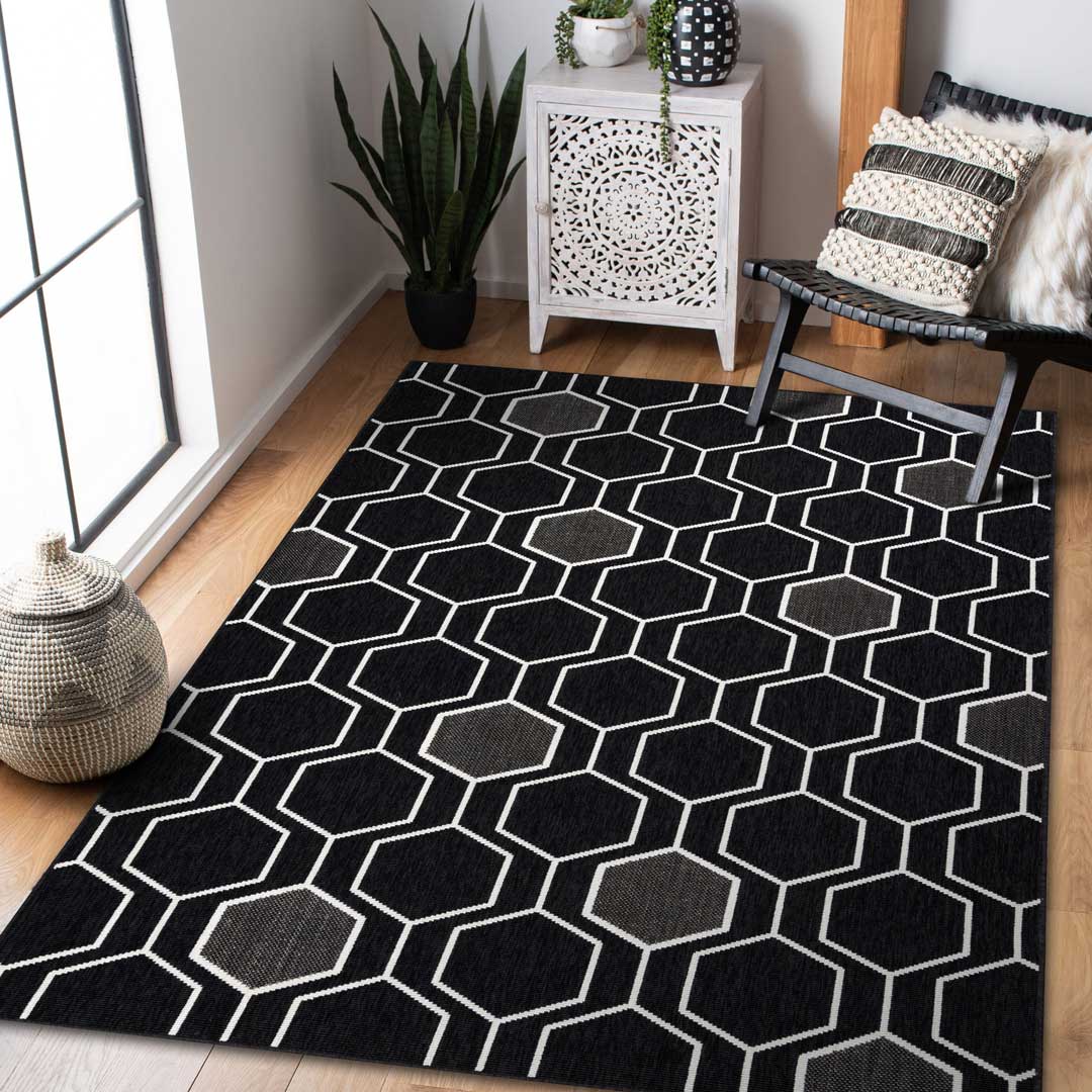 Čierny šnúrkový a smyčkový koberec s bielym geometrickým vzorom šesťuholníkov, moderný dizajn do kancelárie - Dywany Łuszczów obrázok 4