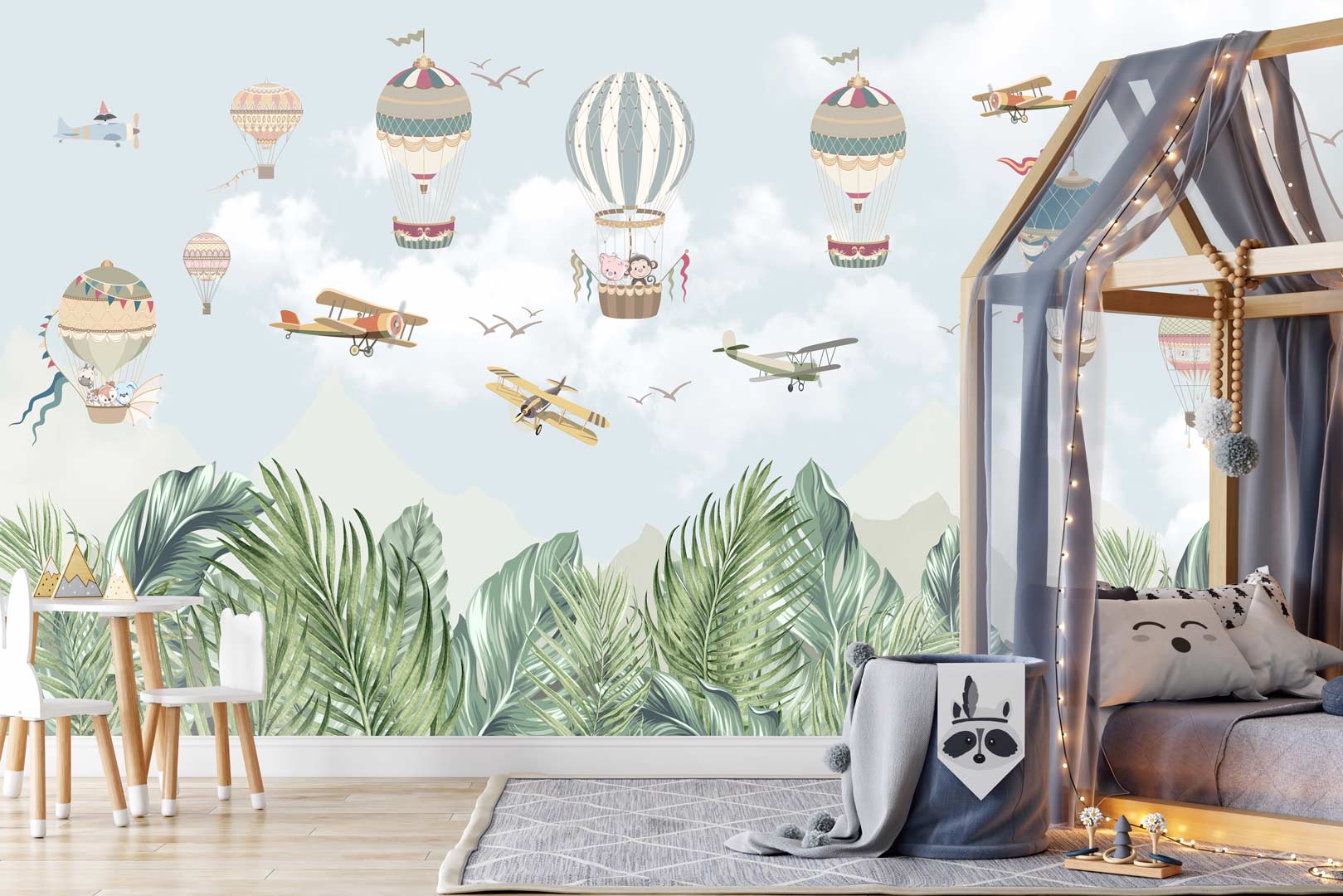 Detská tapeta - lietajúce balóny v oblakoch, lietadlá, hory, džungľa - Dekoori obrázok 2