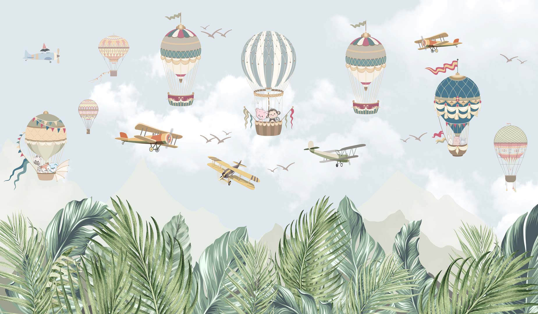 Detská tapeta - lietajúce balóny v oblakoch, lietadlá, hory, džungľa - Dekoori obrázok 1