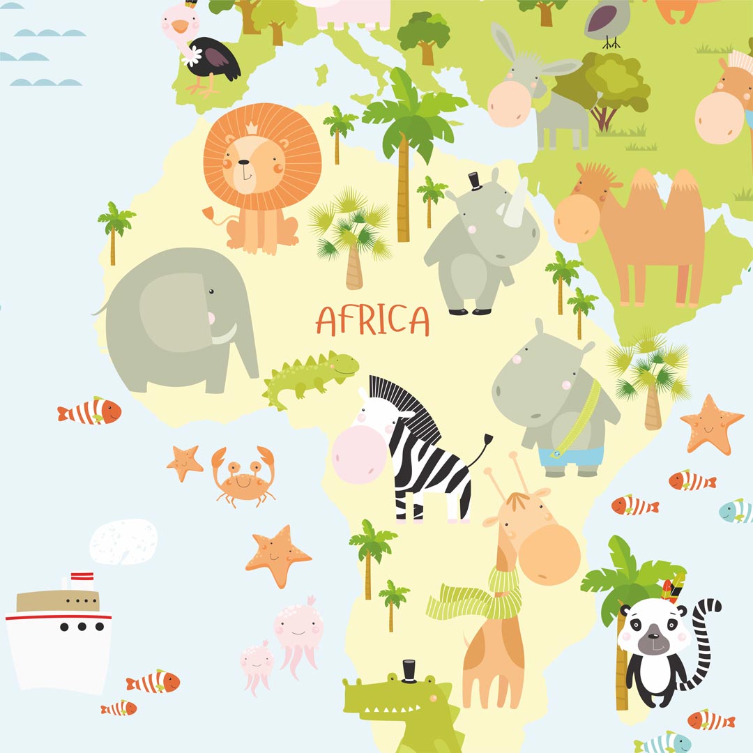 Tapeta mapa sveta – detská, so zvieratami, na stenu - Dekoori obrázok 3