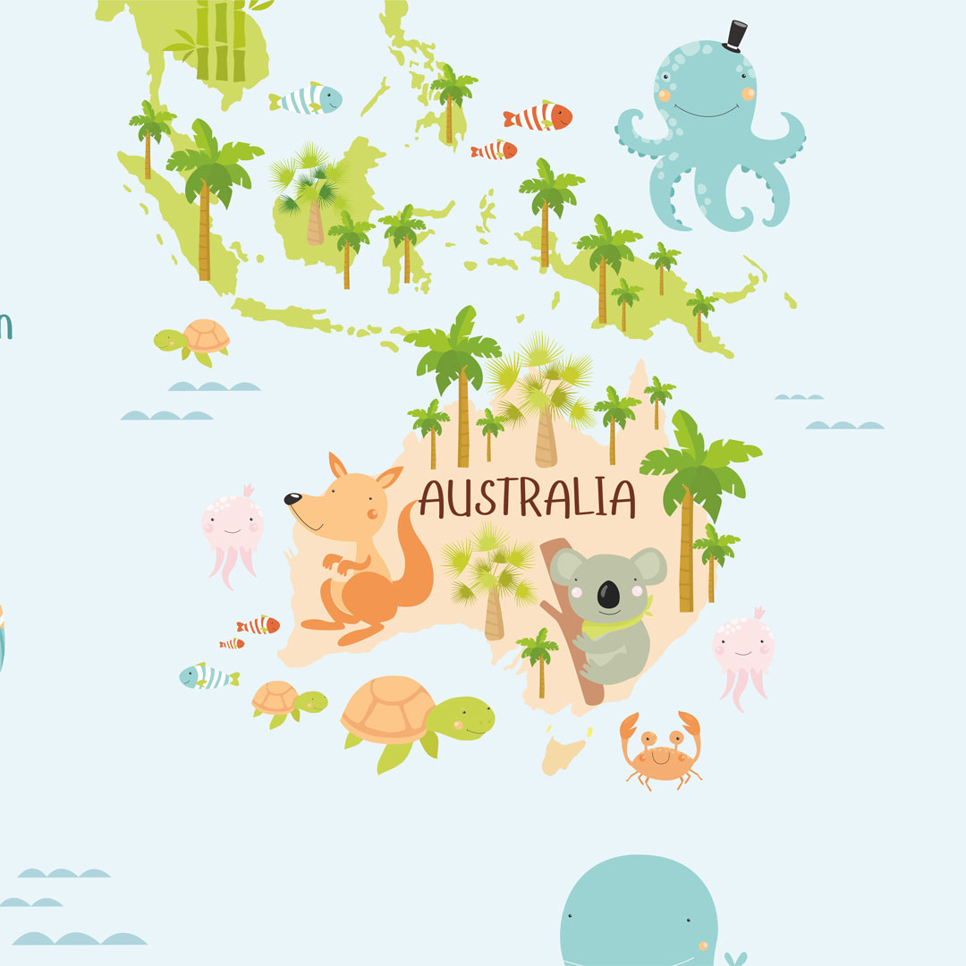 Tapeta mapa sveta – detská, so zvieratami, na stenu - Dekoori obrázok 4
