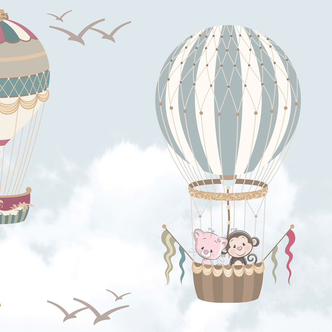 Detská tapeta - lietajúce balóny v oblakoch, lietadlá, hory, džungľa - Dekoori obrázok 4