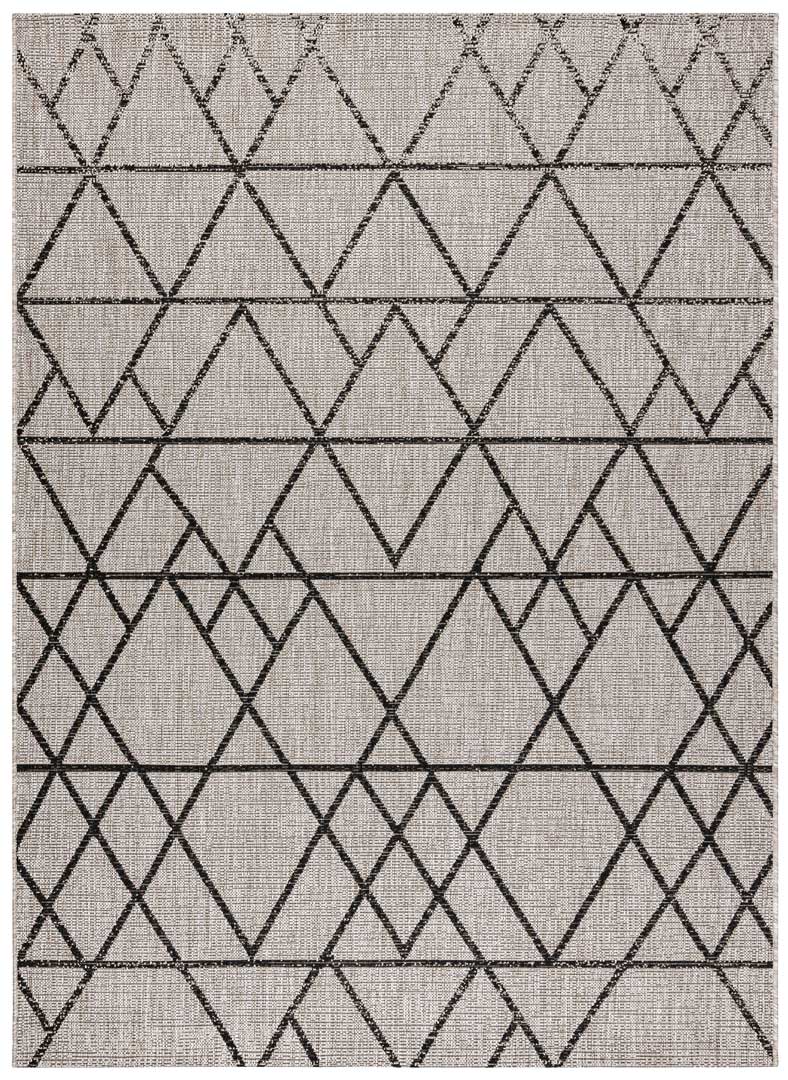 Sivý a béžový šnúrkový koberec s čiernym geometrickým vzorom trojuholníky, kosoštvorce, boho štýl, na terasu a do bytu - BOHANA - Dywany Łuszczów obrázok 1