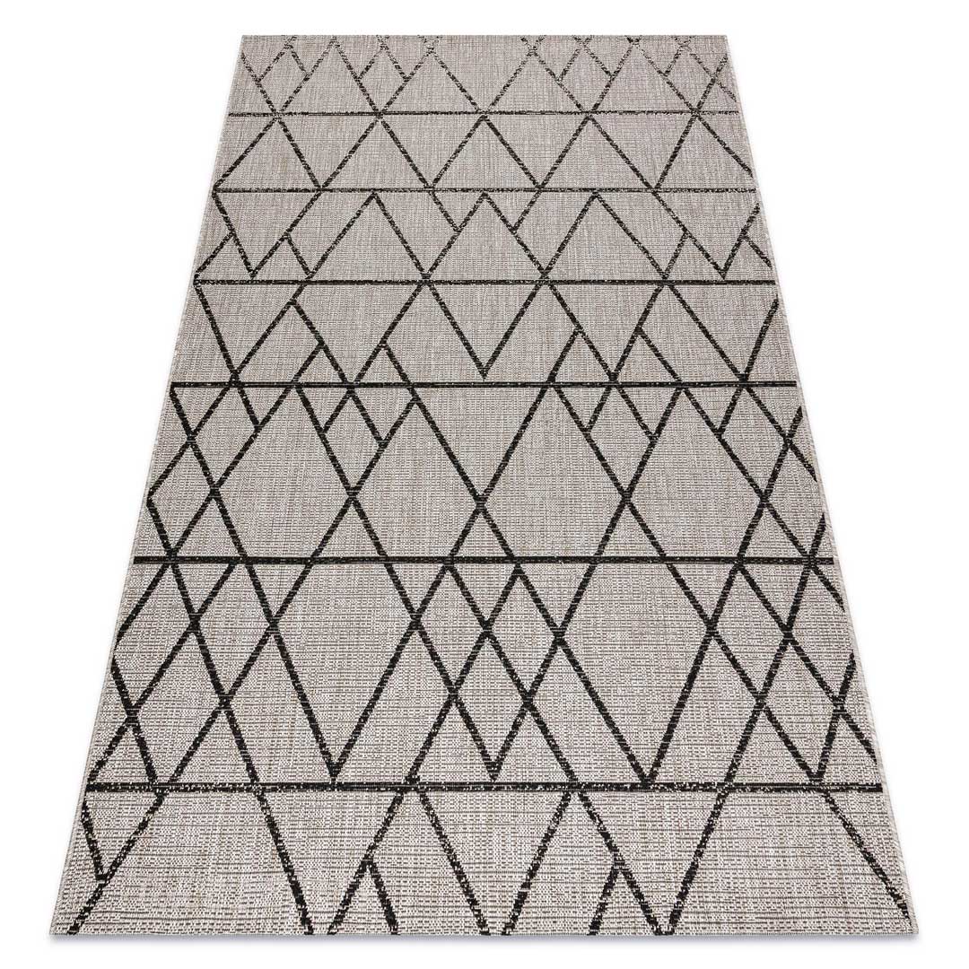 Sivý a béžový šnúrkový koberec s čiernym geometrickým vzorom trojuholníky, kosoštvorce, boho štýl, na terasu a do bytu - BOHANA - Dywany Łuszczów obrázok 2