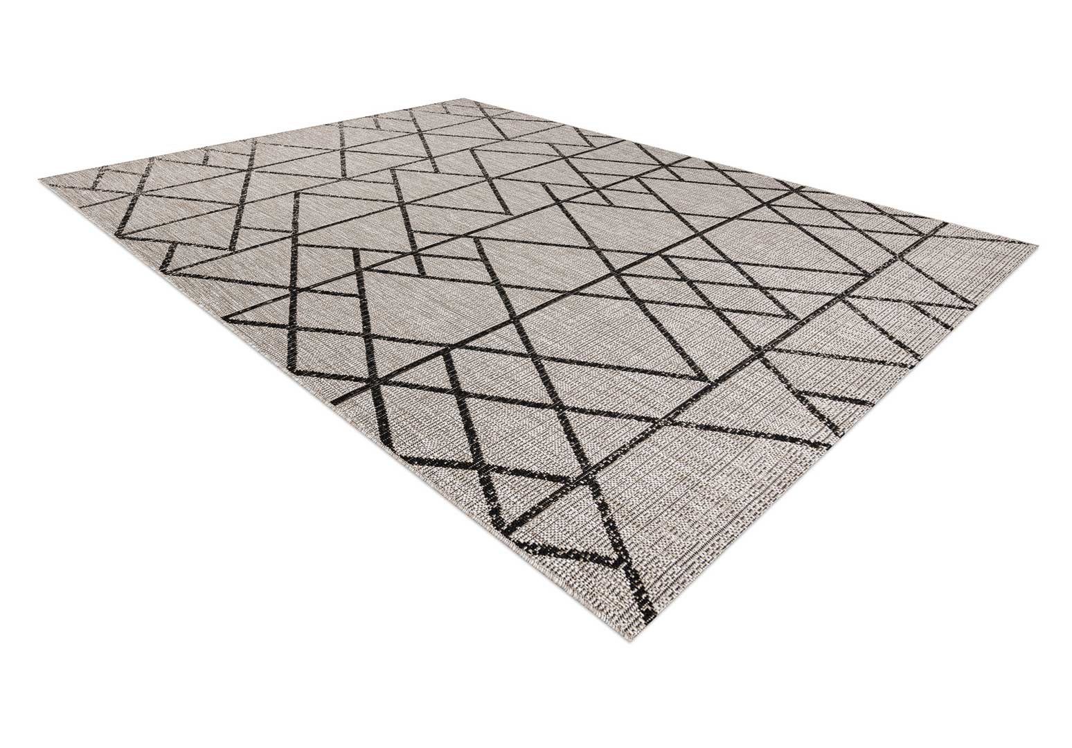 Sivý a béžový šnúrkový koberec s čiernym geometrickým vzorom trojuholníky, kosoštvorce, boho štýl, na terasu a do bytu - BOHANA - Dywany Łuszczów obrázok 3