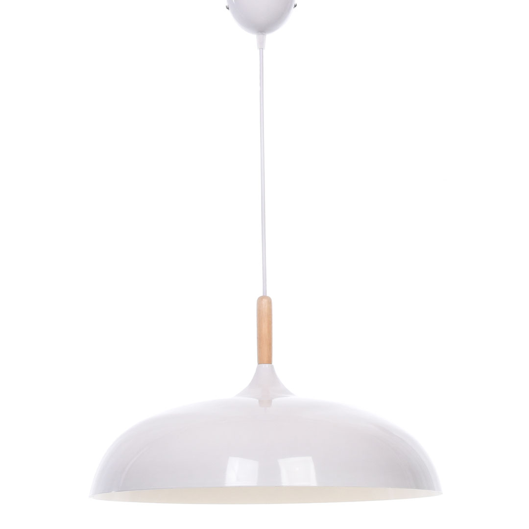 Biela moderná závesná lampa VERSI škandinávskeho štýlu, široké tienidlo, kov a drevo - Lumina Deco obrázok 3