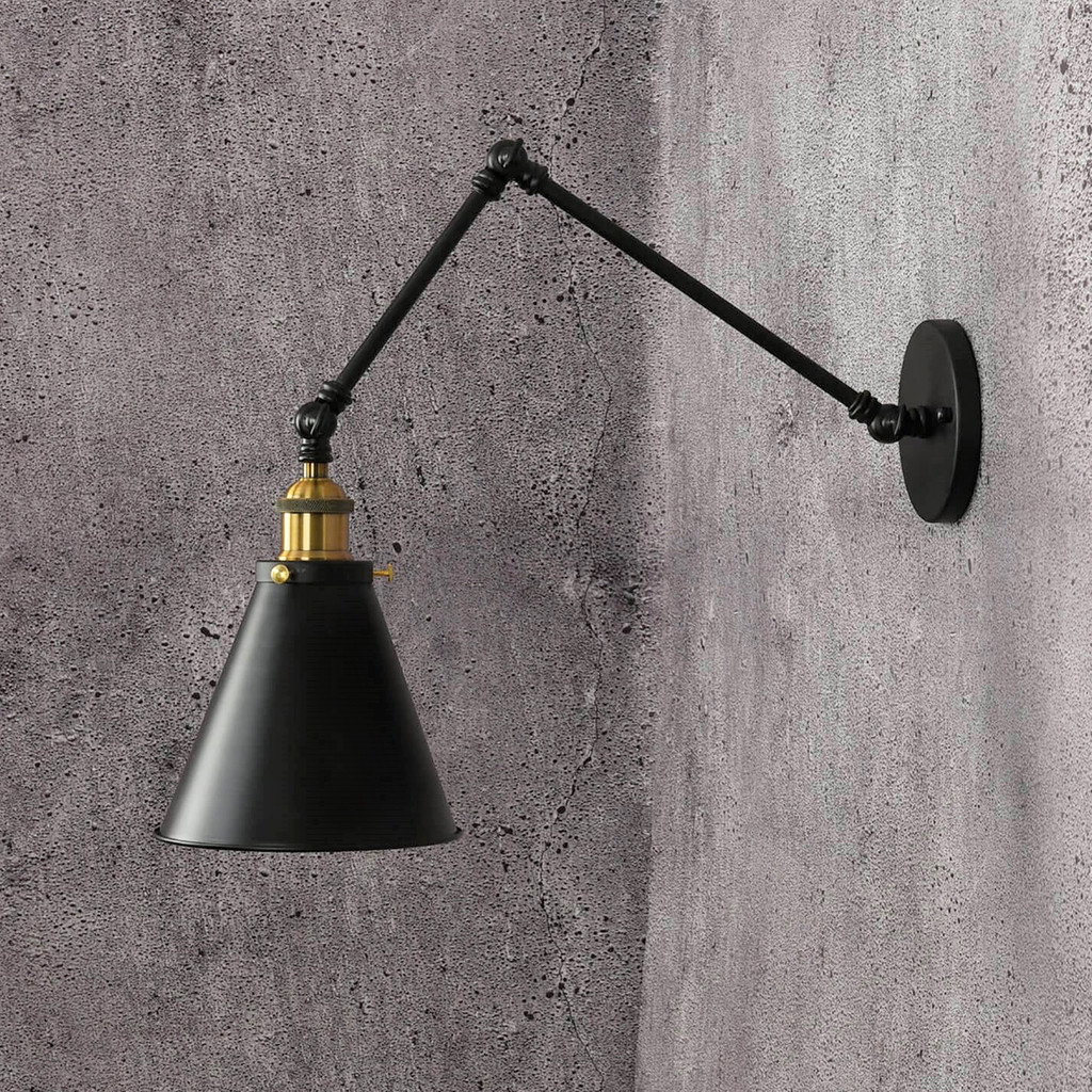 Loftové čierne nástenné svietidlo RUBI W2, kovová kužeľovitá nástenná lampa na ramene - Lumina Deco obrázok 3