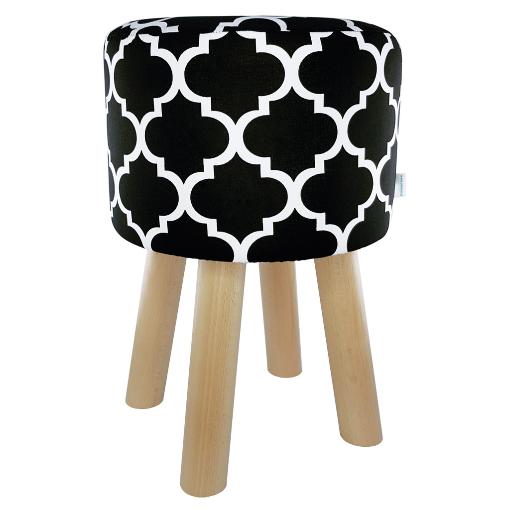 Efektná čierna taburetka, drevený puf, čierno-biely vzor MAROCKÁ ĎATELINA, škandinávsky stolček - Lily Pouf obrázok 1