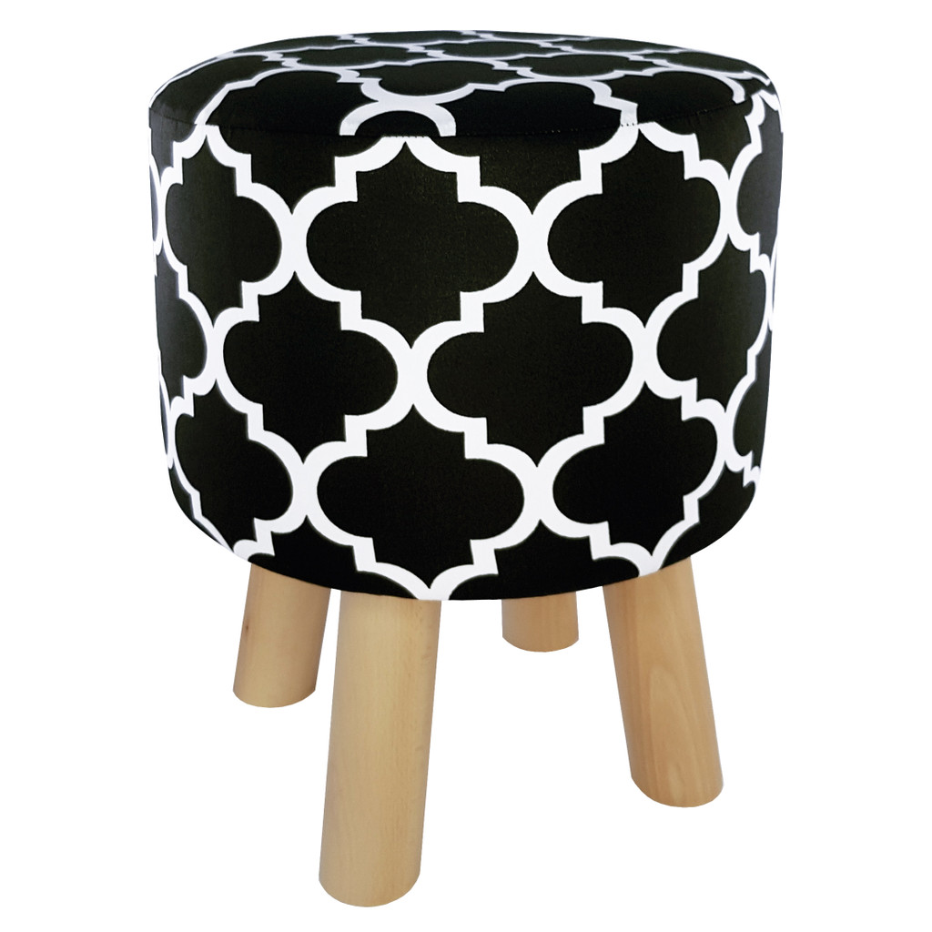 Efektná čierna taburetka, drevený puf, čierno-biely vzor MAROCKÁ ĎATELINA, škandinávsky stolček - Lily Pouf obrázok 3