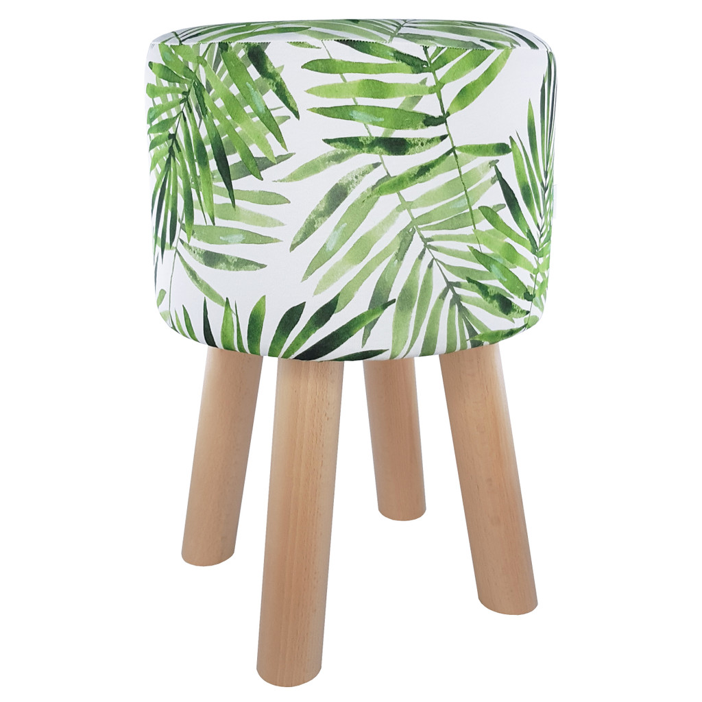Módna taburetka, škandinávska stolička, rastlinný vzor, zelené listy paprade Nephrolepis - Lily Pouf obrázok 1