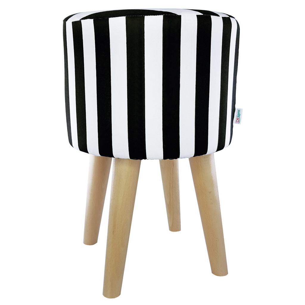 Elegantná taburetka, puf, drevený stolček s okrúhlym sedadlom s bielo-čiernymi pásikmi - Lily Pouf obrázok 2
