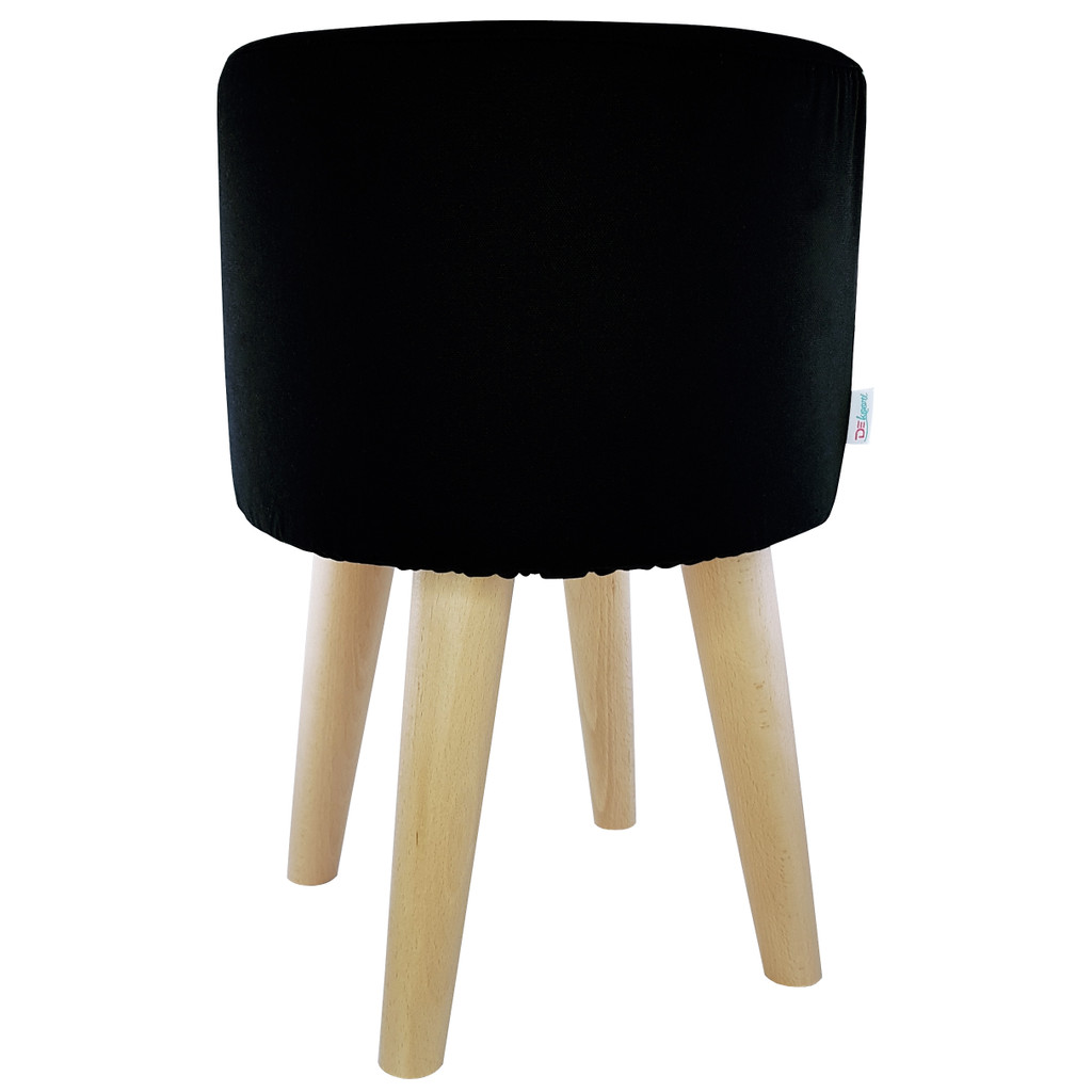 Čierny puf, okrúhly taburet s drevenými nohami a jednoduchým poťahom - Lily Pouf obrázok 2