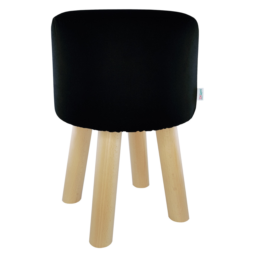 Čierny puf, okrúhly taburet s drevenými nohami a jednoduchým poťahom - Lily Pouf obrázok 1