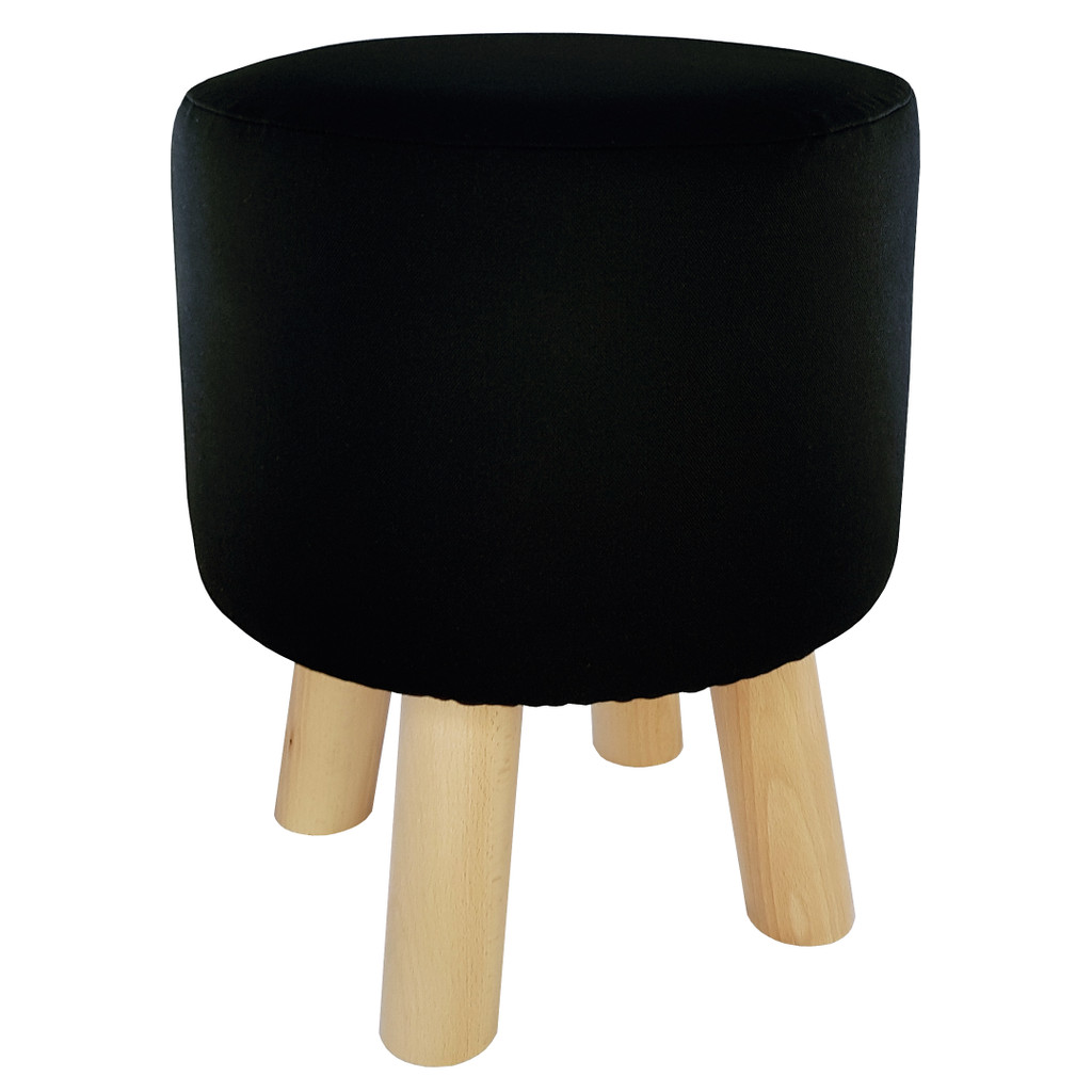 Čierny puf, okrúhly taburet s drevenými nohami a jednoduchým poťahom - Lily Pouf obrázok 3