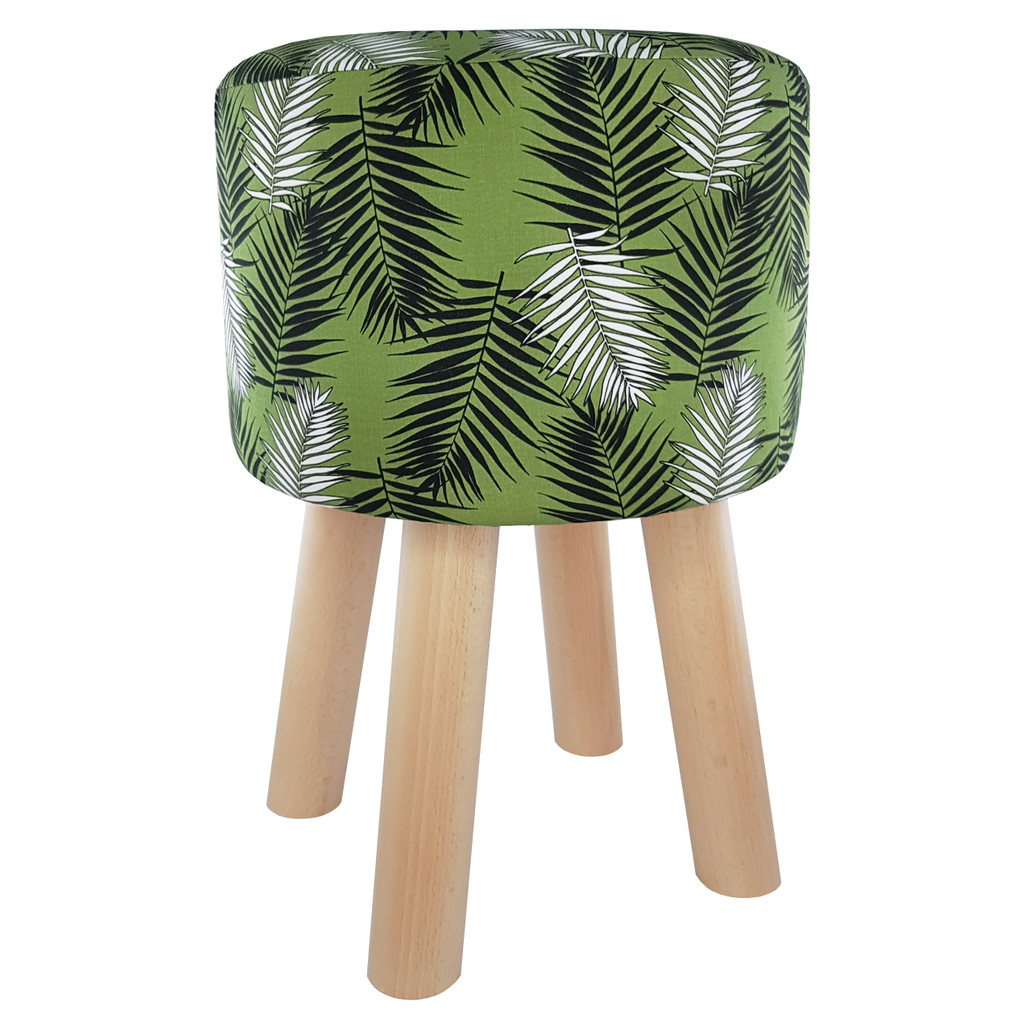 Moderný stolček, taburetka s bielymi a čiernymi palmovými listami na zelenom pozadí - Lily Pouf obrázok 1