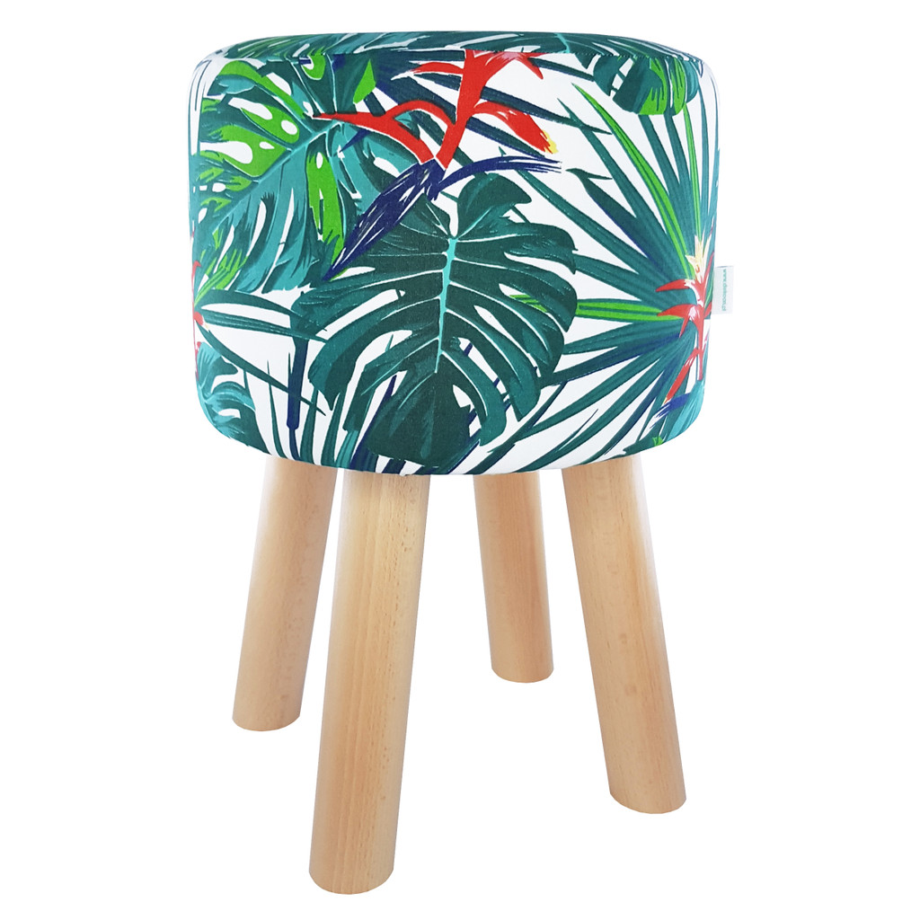 Exotická taburetka, stolček s tyrkysovými listami Monstery skvelej, farebné palmy - Lily Pouf obrázok 1