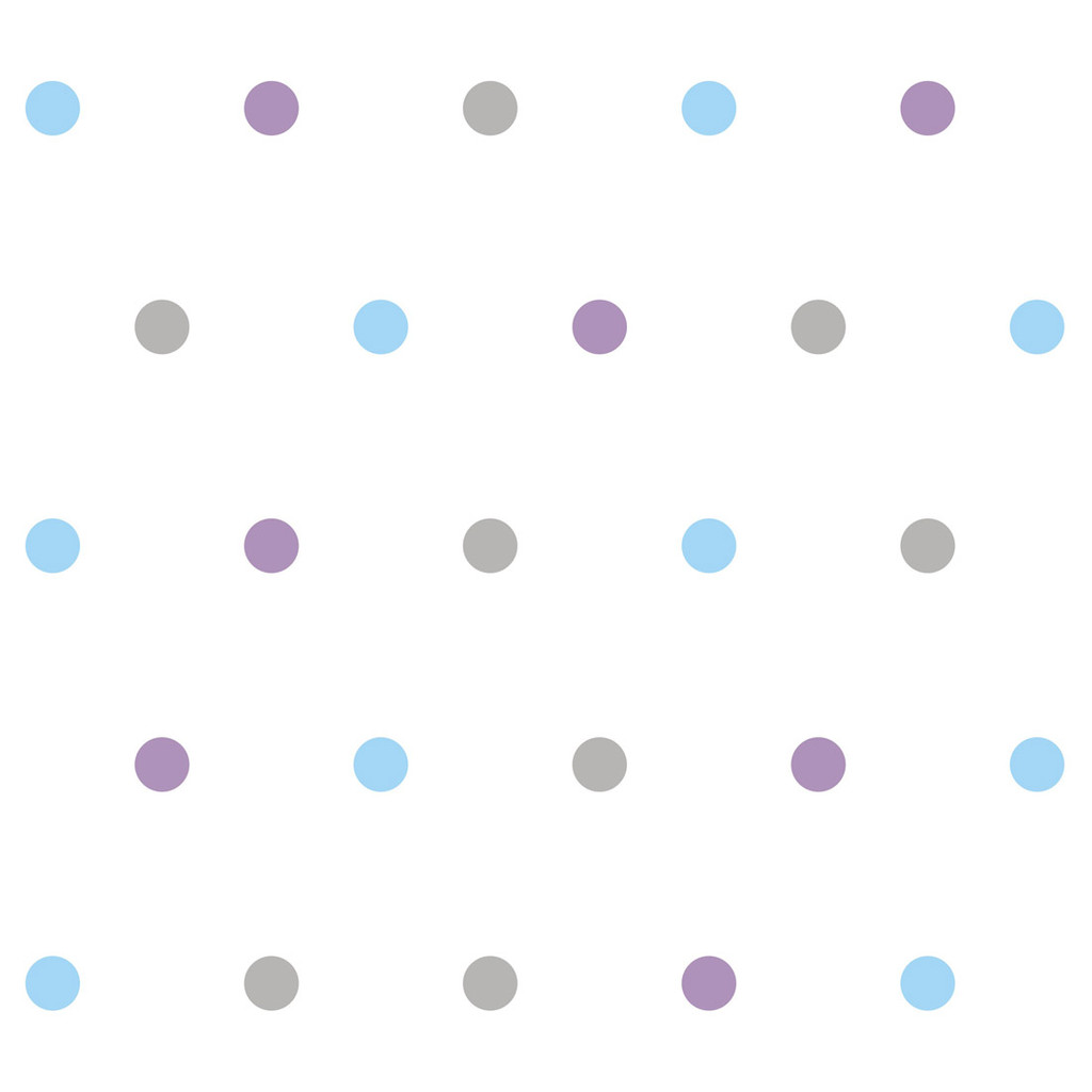 Biela tapeta so sivými, modrými a fialovými bodkami, kruhmi, kolieskami, BODKY 5 cm - Dekoori obrázok 1